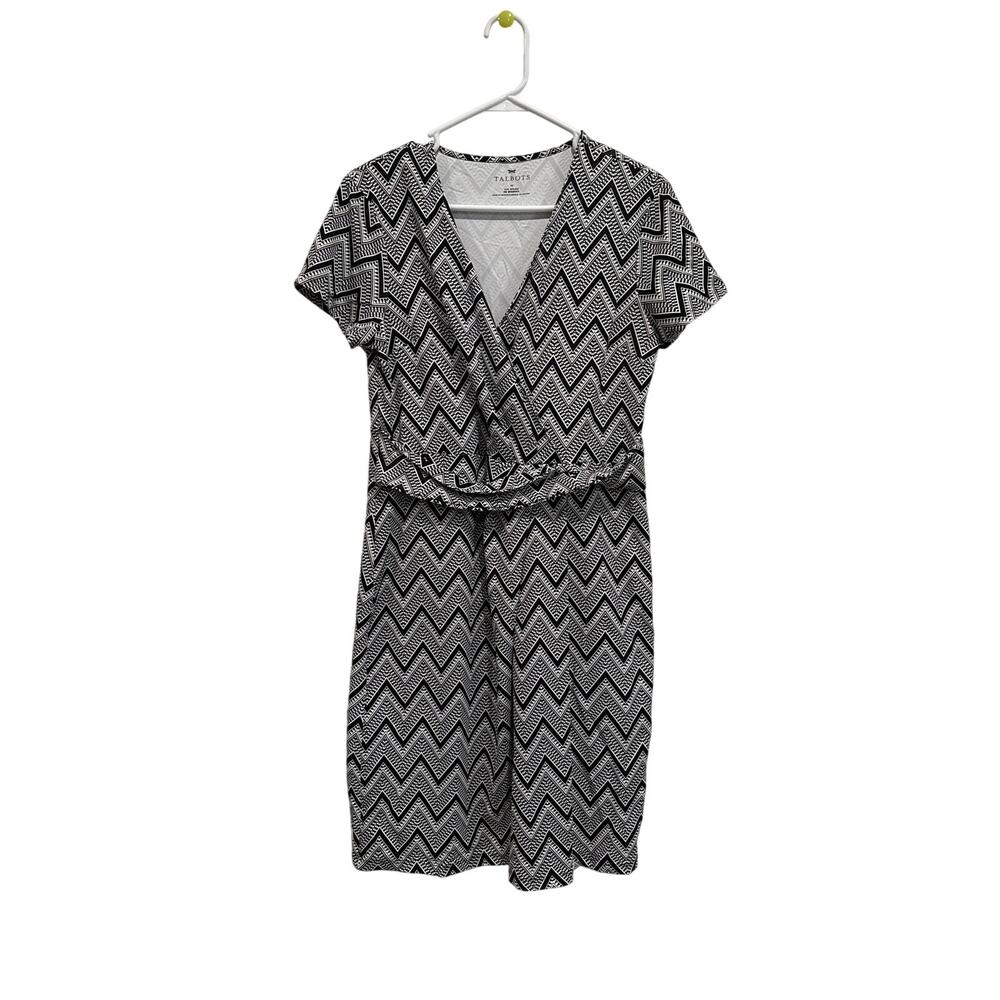 Talbots Womens Faux Wrap Dress Medium Black White Chevron V-Neck Knit